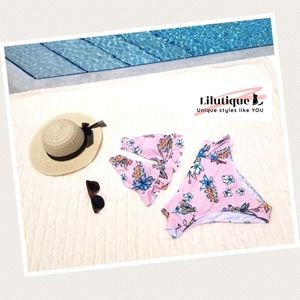 Pink Floral Tropical Two Piece Bikini Swimsuit
